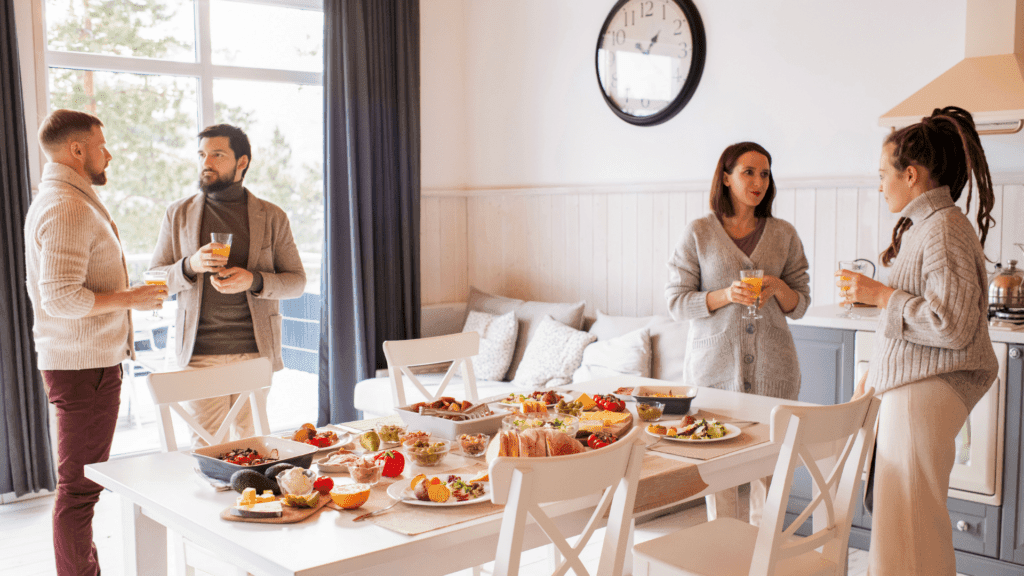 Guests standing around a table