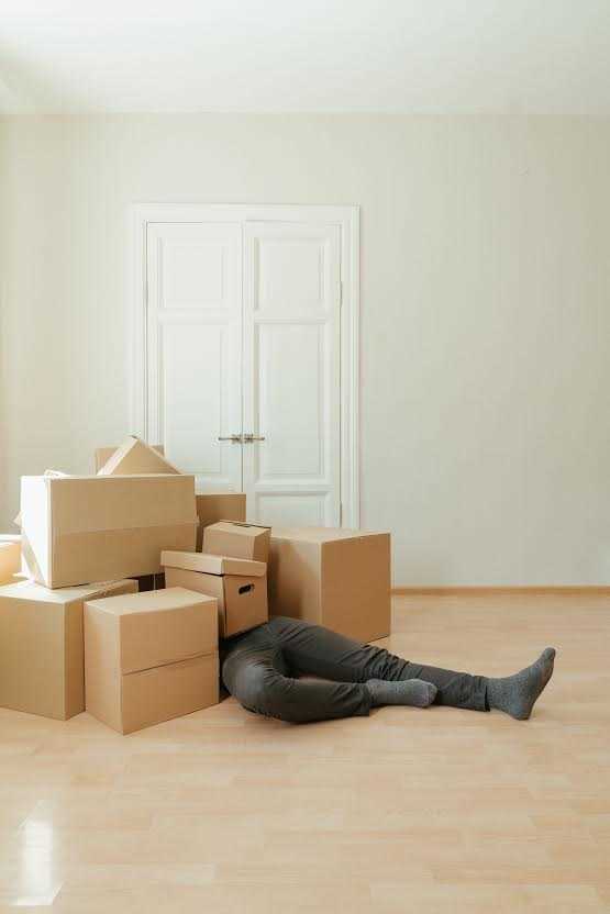 Person laying under cardboard boxes